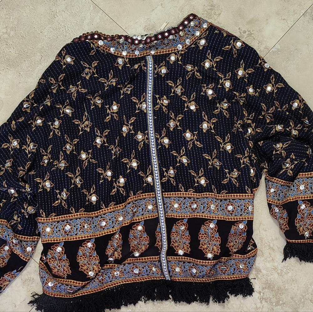 $128 NWT FREE PEOPLE RAYS OF LIGHT BOHO-CHIC GYPSY EMBELLISH KIMONO JACKET Sz XS - Picture 7 of 11